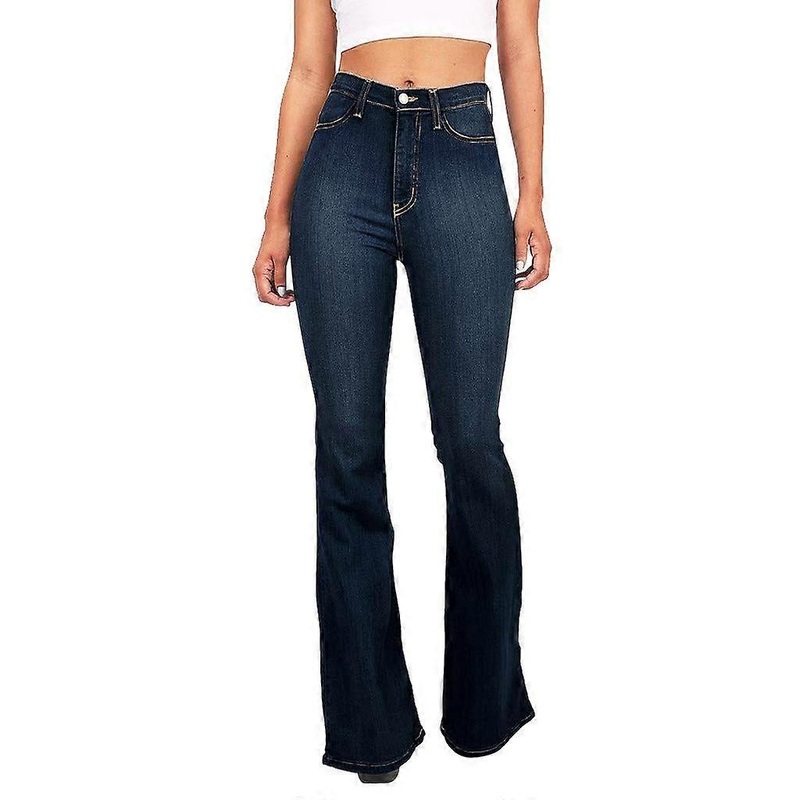 Damen Flare Jeans Vintage Schlaghose Hoch Tailliert Bootcut Denim Hosen Stretch Jeggings Dunkelblau XL