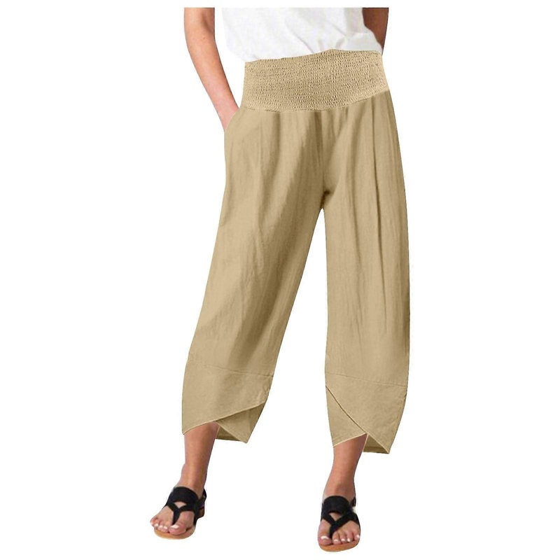 Summer Pants Women Lightweight Linen Pants Loose Fit 7/8 Capris Beige XXL Solid Color Yoga Beach Pants