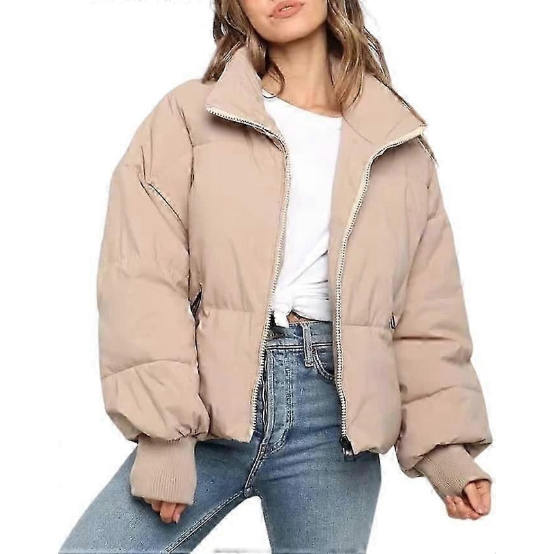 Women’s Winter Long Sleeve Stand Collar Zip Puffer Jacket Baggy Short Down Padded Coats