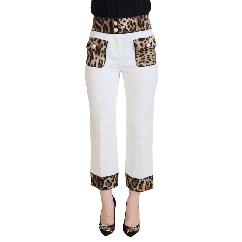 Dolce & Gabbana White Leopard Print High Waist Pants