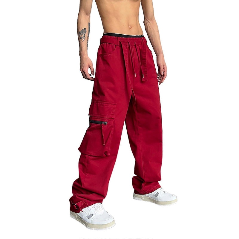 Men’s Jogging Pants Solid Color Cargo Comfortable Autumn Work Pants Red XL