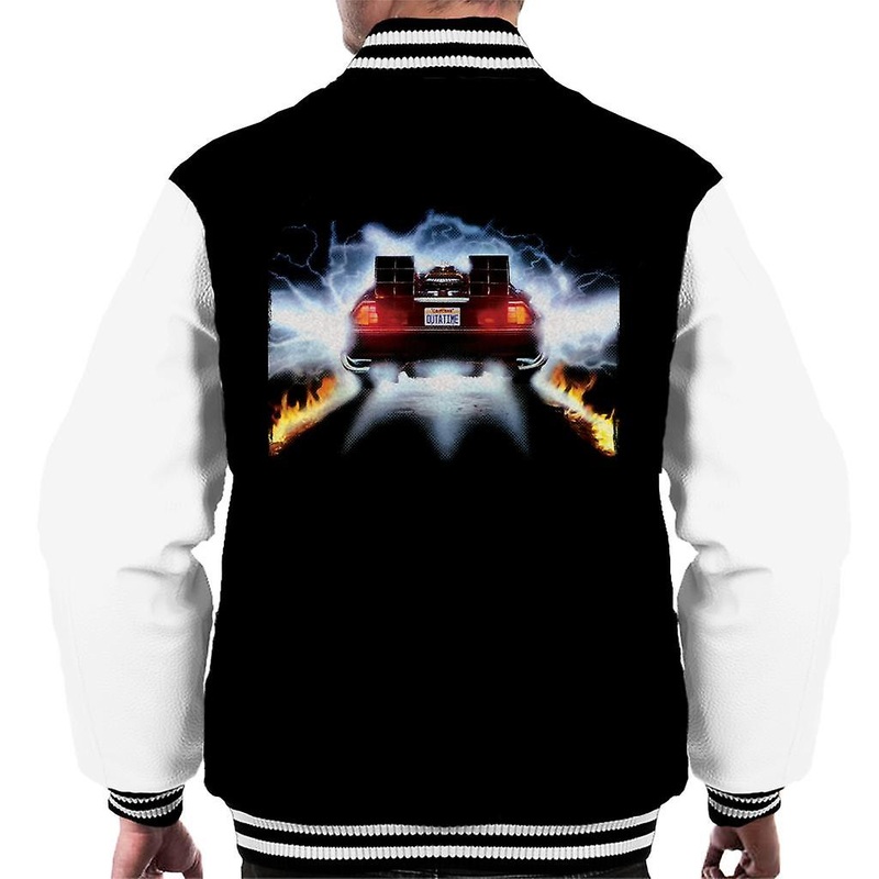 Back to the Future Delorean Taking Off For Time Travel Men’s Varsity Jacket