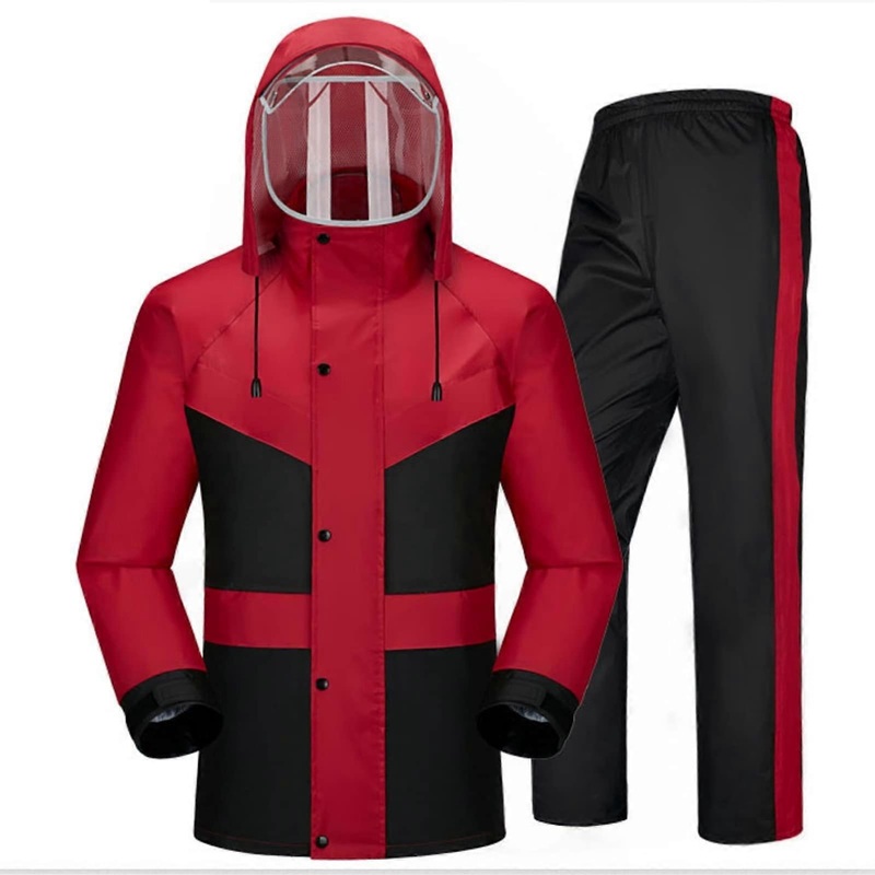 Outdoor rainwear with hood, waterproof rain jacket, rain suit for men/women, windproof, waterproof, breathable (Red, XL)