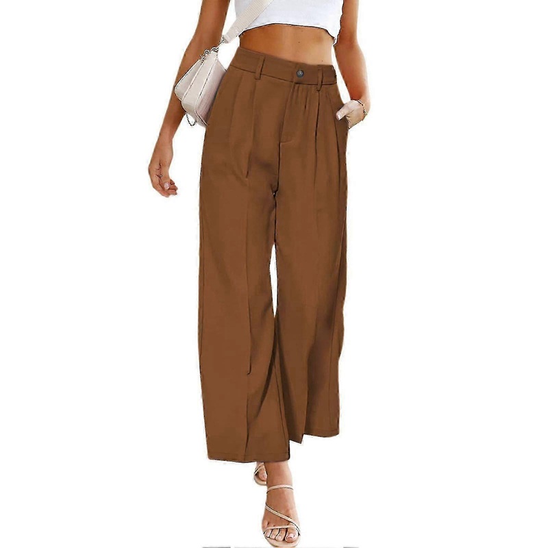 Women Regular Fit Trouser Straight Wide Leg High Waist Button Closure Modern Business Pants