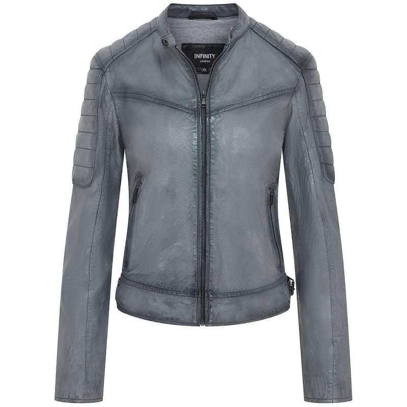 Womens Grey Retro Biker Quilted Vintage Leather Fitted Motorcycle Jacket