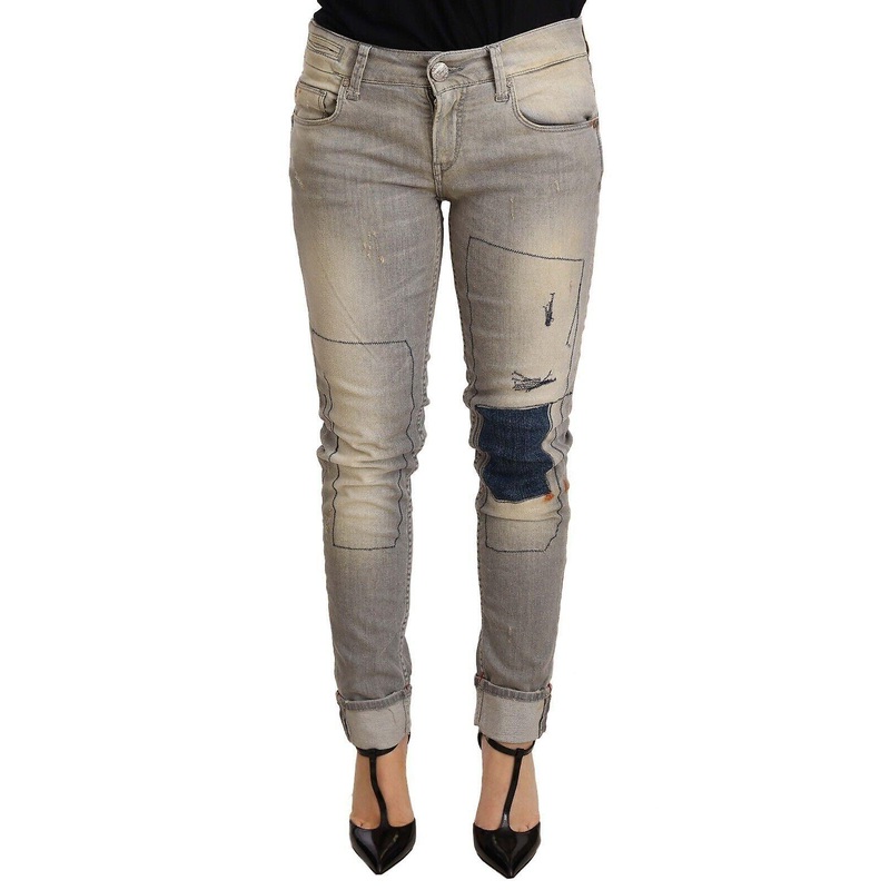Gray Cotton Slim Fit Folded Hem Women Denim Pant