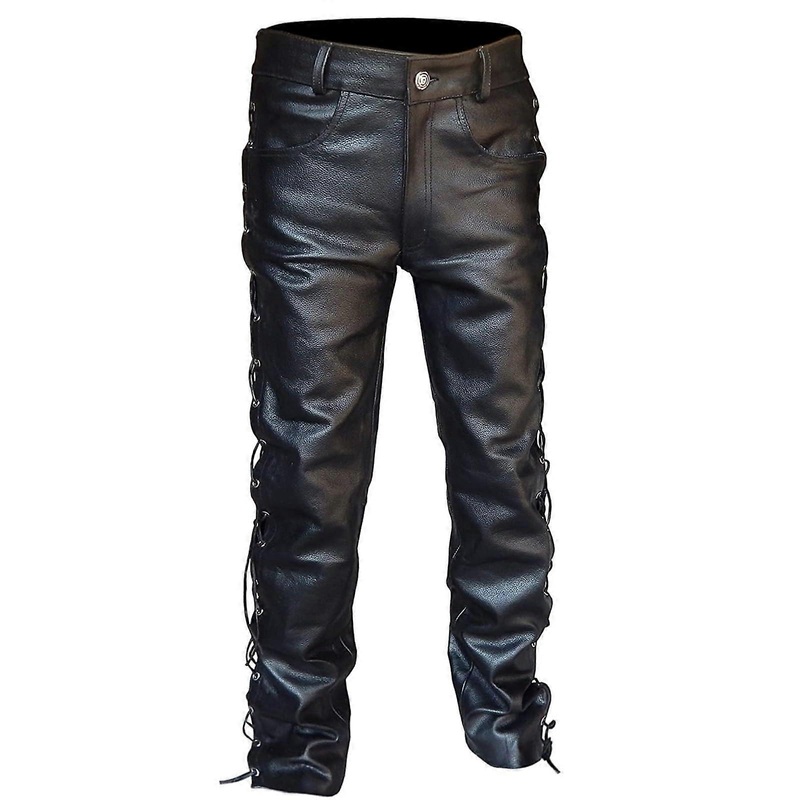 Men’s leather motorcycle pants, punk, straight leg, cargo, laced, gothic M Black