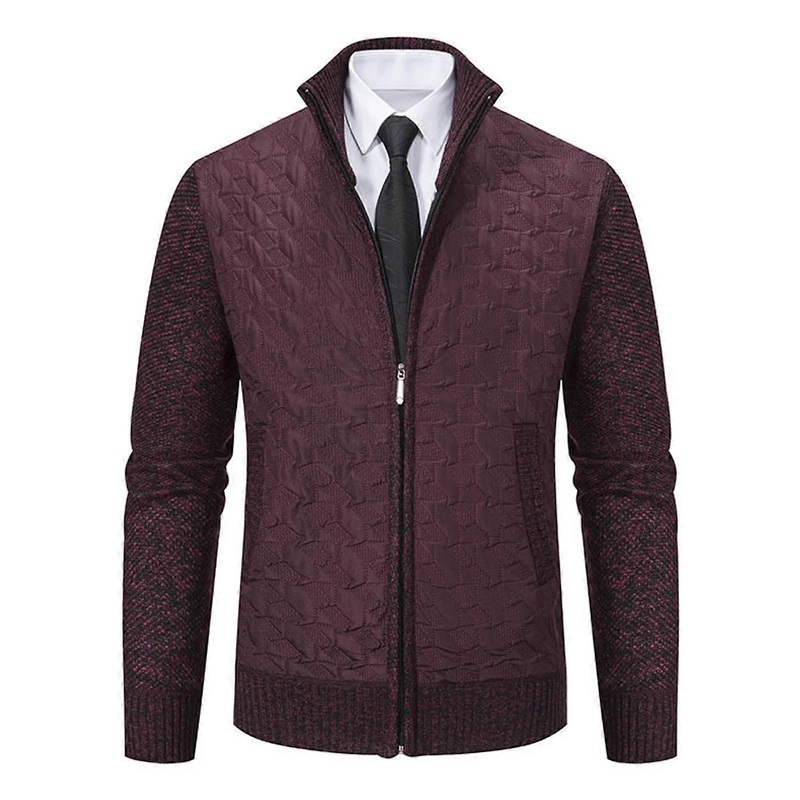 Strickjacke Herren mit Stehkragen XXL, Thermo Fleece Cardigan Rot, Winterjacke mit Taschen und Reiverschluss
