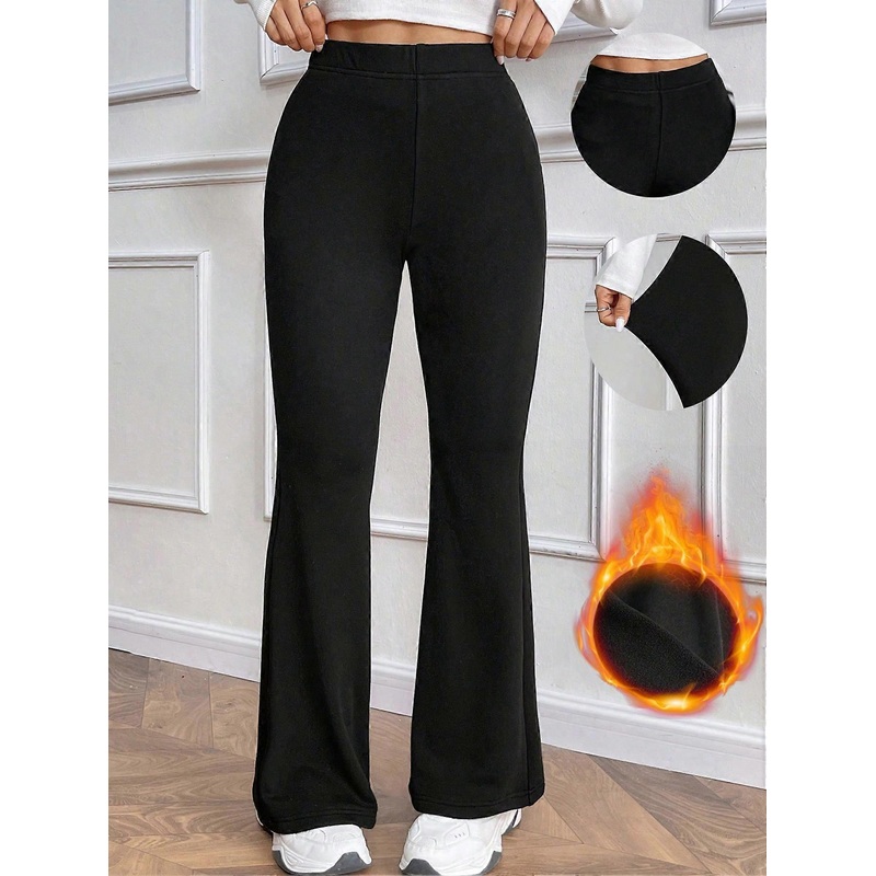 Women’s Casual Everyday Versatile Skinny Thermal-Lined High Waist Flare Pants, Elastic Waist, Black, Winter