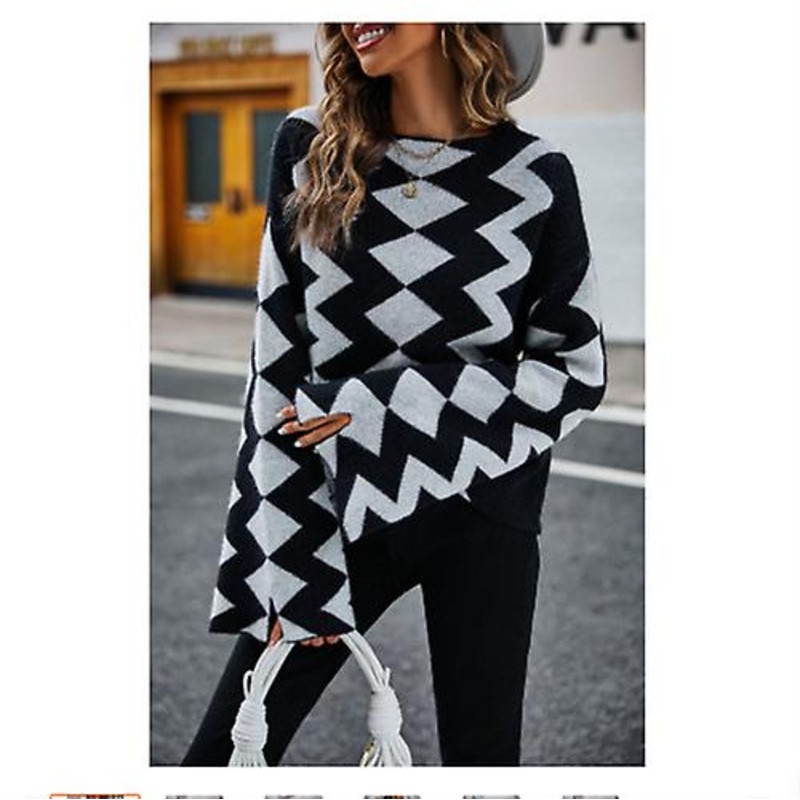 2022 Autumn And Winter New Arrival Long-sleeved Rhombus Plaid Pattern Stitching Design Sweater Fashion Large Size Knitted Sweater Young Girl Knitted S