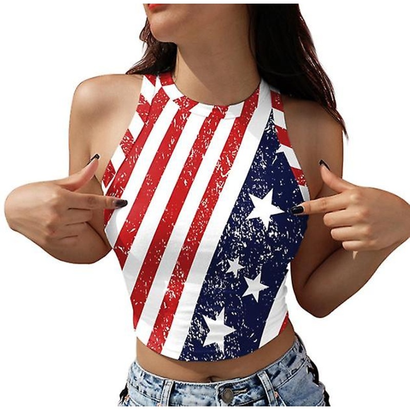 Hot Sale Women’s Digital Printed American Independence Day Skinny Crew Neck Versatile Bottoming Vest