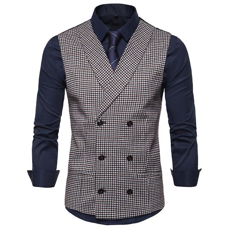 Yynuda Mens Double Breasted Cape Lapel Suit Vest Houndstooth Pattern Slim Business Waistcoat