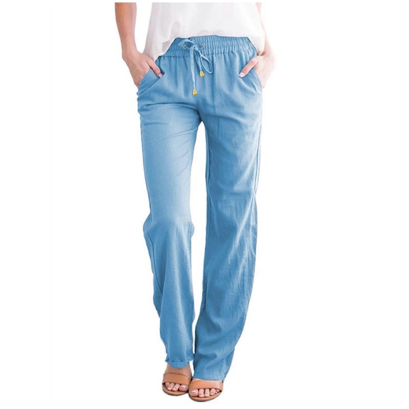 Stylish Long Straight Pants Cotton Elastic Linen Stable Waist Women’s Pants Ladies Trousers Leather Look Sky Blue M