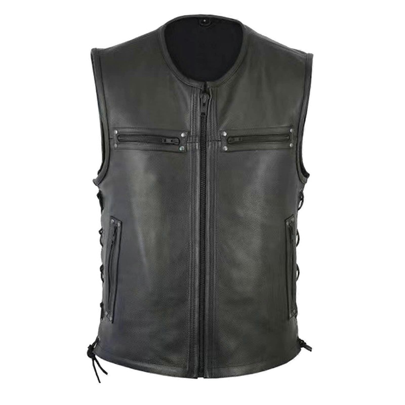 Lederweste Herren Motorradweste Slim Fit Schwarz Leder Biker Club Style XL Collarless Biker Vest fr Mnner