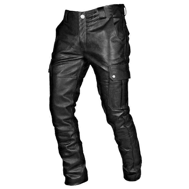 Men’s motorcycle leather pants, cargo pants, biker protective pants, slim fit, retro gothic pants, 4XL black.