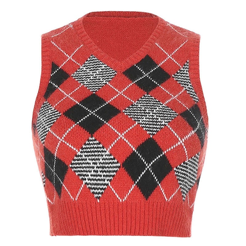 Knitted Sweater Vest, Women’s Sleeveless Knit Vest, Checkered Pattern, Knit Fabric, Versatile Layering, Red, Size L