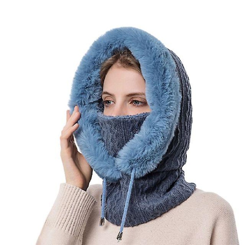 Winter Fur Cap Mask Set Hooded For Women Knitted Cashmere Neck Warm Outdoor Ski Windproof Hat