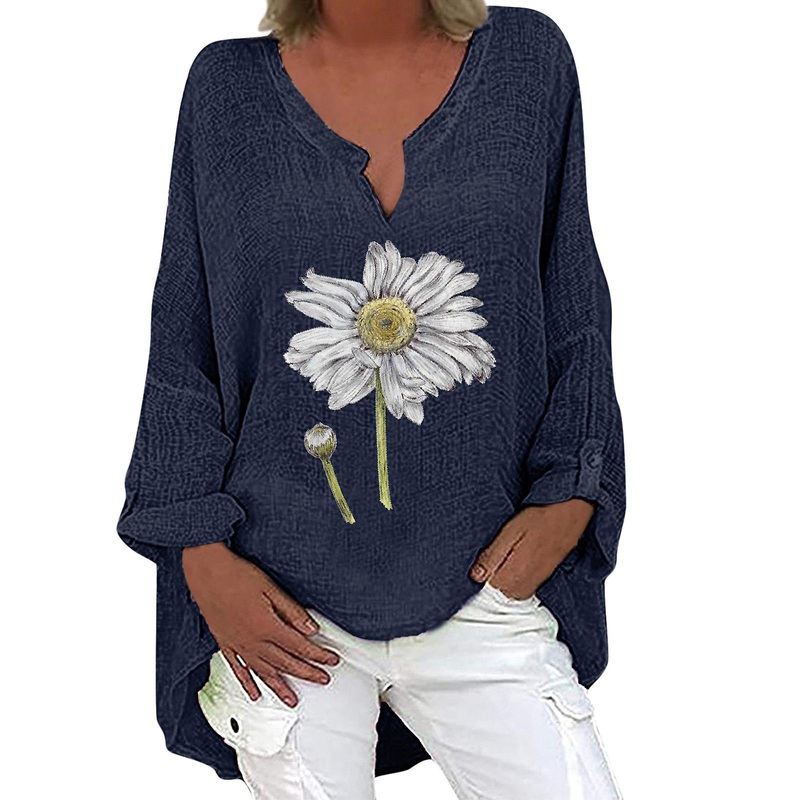 Womens Casual Floral Blouse Linen T Shirt Ladies Long Sleeve Tops Pullover Tee
