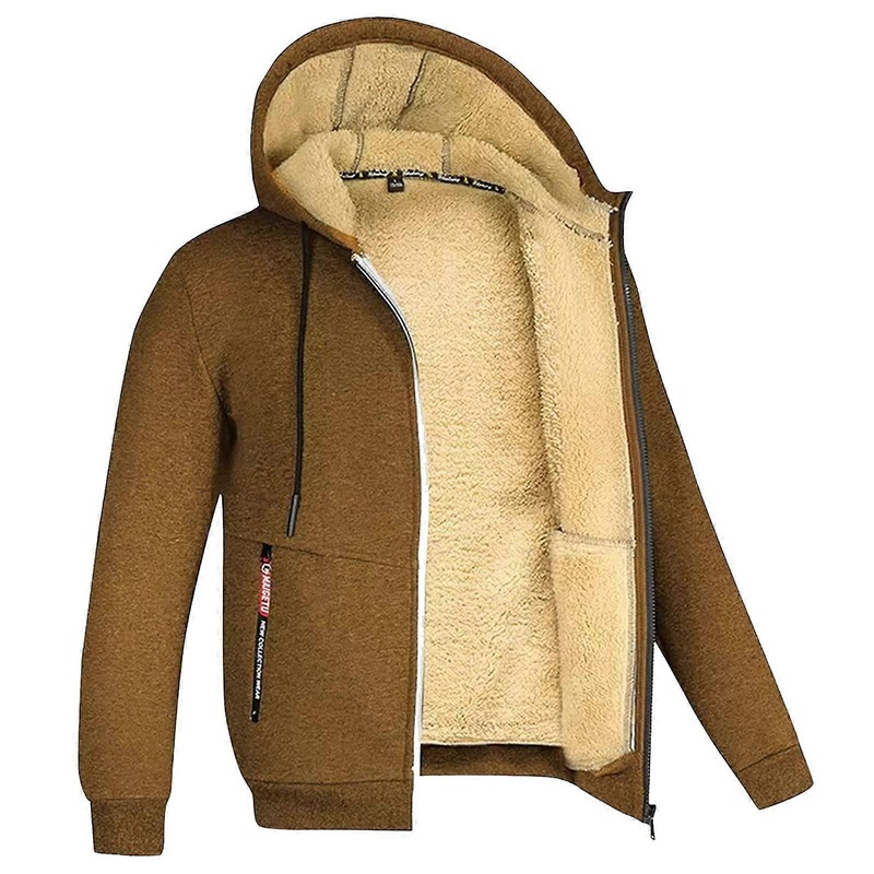 Teddy Fleece Jacket Men’s Hoodie with Zip Pocket Lined Winter Coat M Brown