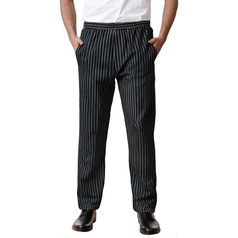 Men’s Striped Chef Pants Elastic Waist Summer Casual Work Pants Straight Fit Breathable Baker Pants XL Dark Gray