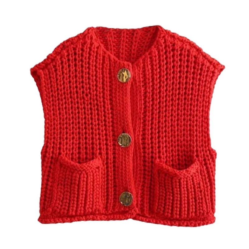 Women’s Sleeveless Crop Knit Cardigan Vest With Pockets Open Front Button Down Casual Knit Vest Red Size L