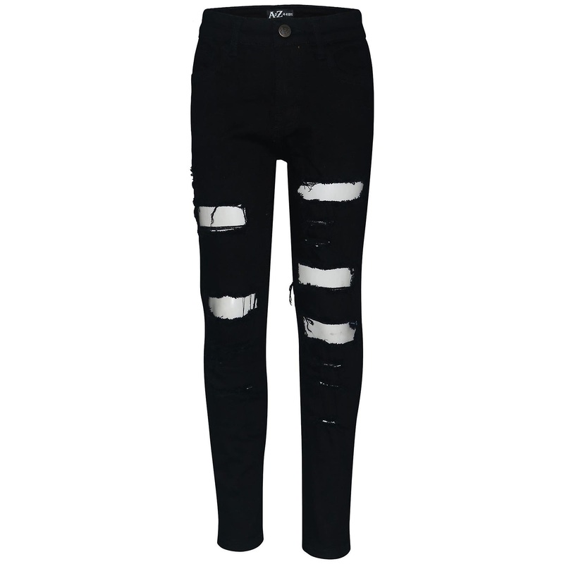 Boys Stretchy Frayed Jet Black Denim Ripped Pants