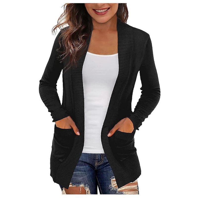 Wintermantel Women Cardigan Knit Jacket Thin Casual Long Sleeve Open Front Outwear Black XXL