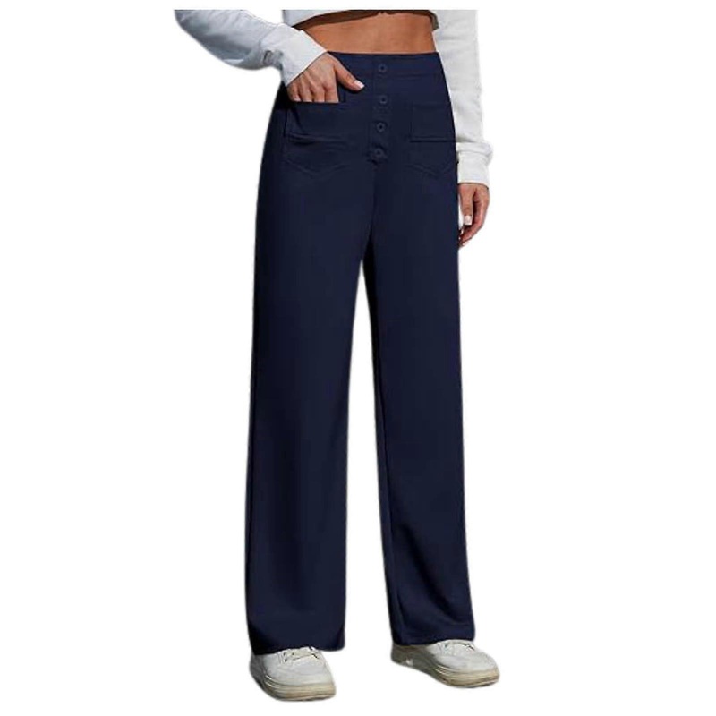 2025 Women’s Work Pants, High Elastic Waist, Straight Wide Leg, Button-Down Casual Trousers with Pockets, Navy 4XL
