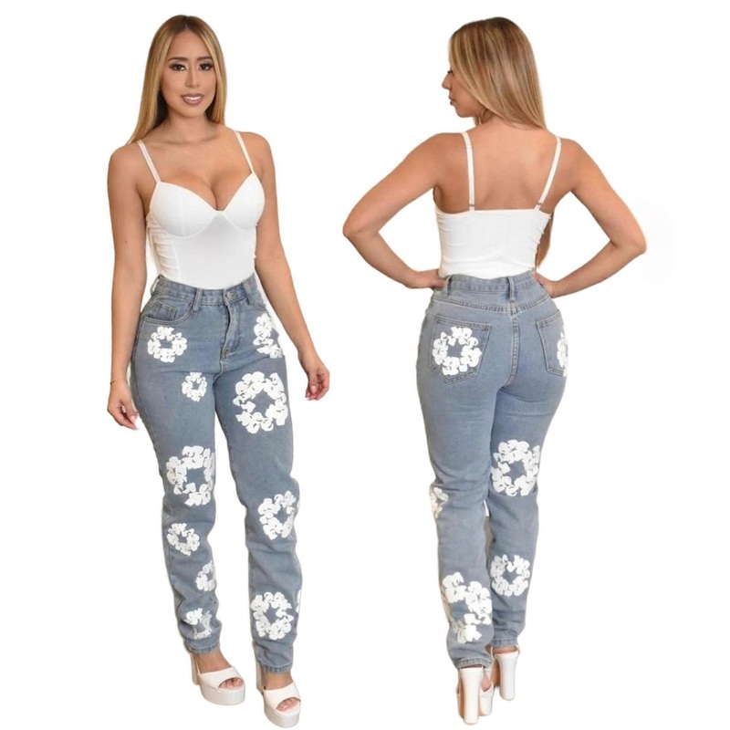 Women’s pants, casual versatile jeans, high-waisted light blue washed jeans