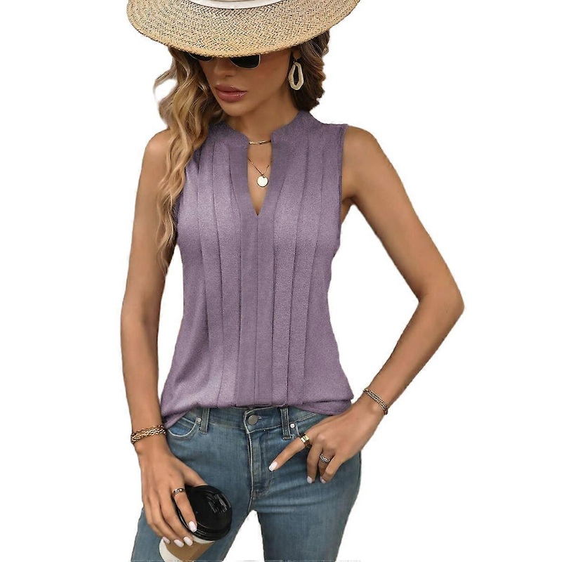 Women’s T Shirt Sleeveless Tees Blouse Pleated V Neck Tank Top Elegant Shirt Purple