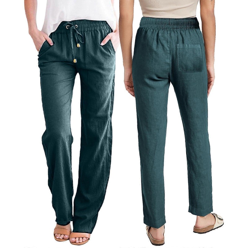 Womens Summer Pants Lightweight Linen Loose Wide-Leg 7/8 Length Jogger High Waist Olive Green 3XL