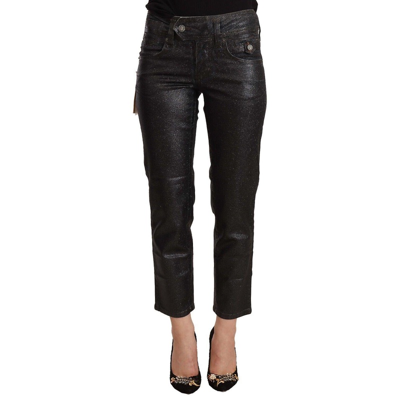 Black Glittered Mid Waist Cotton Cropped Pants