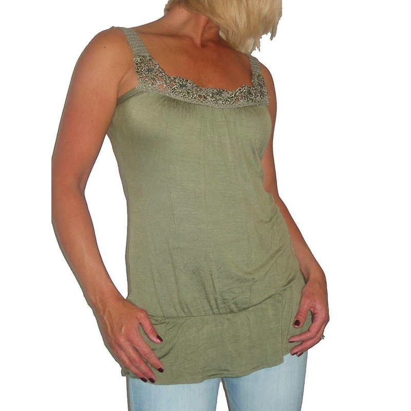 Women’s Stretch Cami Vest Ladies Casual Sleeveless Elasticated Crochet Trim Square Neckline Tank Top Khaki 6-10