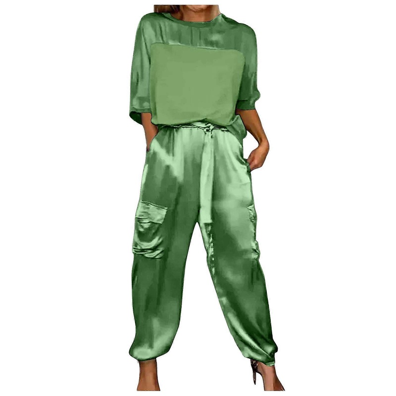 2-Piece Trouser Suit for Women, Satin T-Shirt Top and Trousers, Casual Loose Sports Outfit, Short Sleeves, Breathable Y2K Style