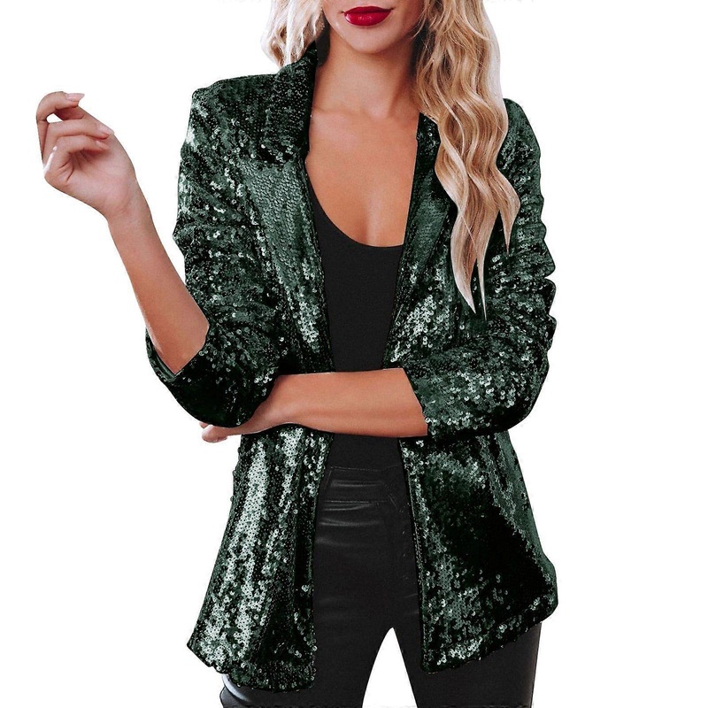 2025 Women’s Sequin Jacket Long Sleeve Casual Glitter Party Coat XL Green Shiny Rave Outerwear Tailored Fit