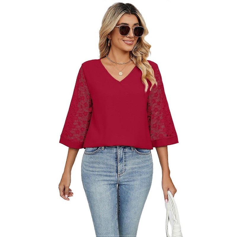 Womens Shirts Summer Lace Cutout Short Sleeve Tops Casual V Neck Blouses Solid Color Red