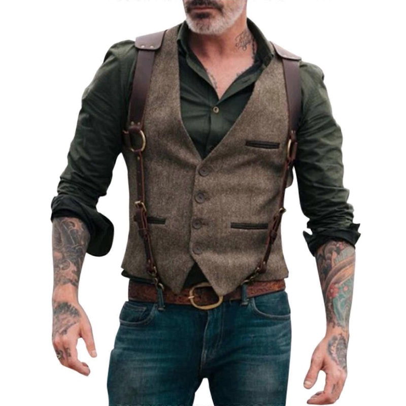 Grain Cowhide  Leather Vest Men’s Black Classic Vest with Side Laces and Concealed Carry Bags M 07 Brun