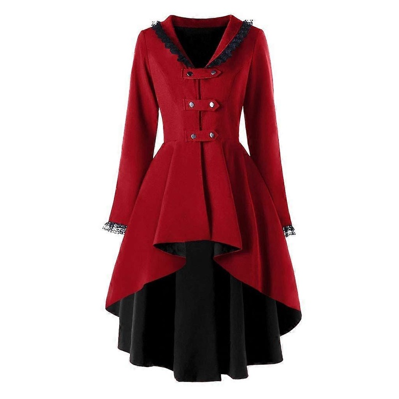 Women Sleeve Casual Slim  Lace Long Coat Formal Outerwear Irregular Knob Women’s Coat Red L