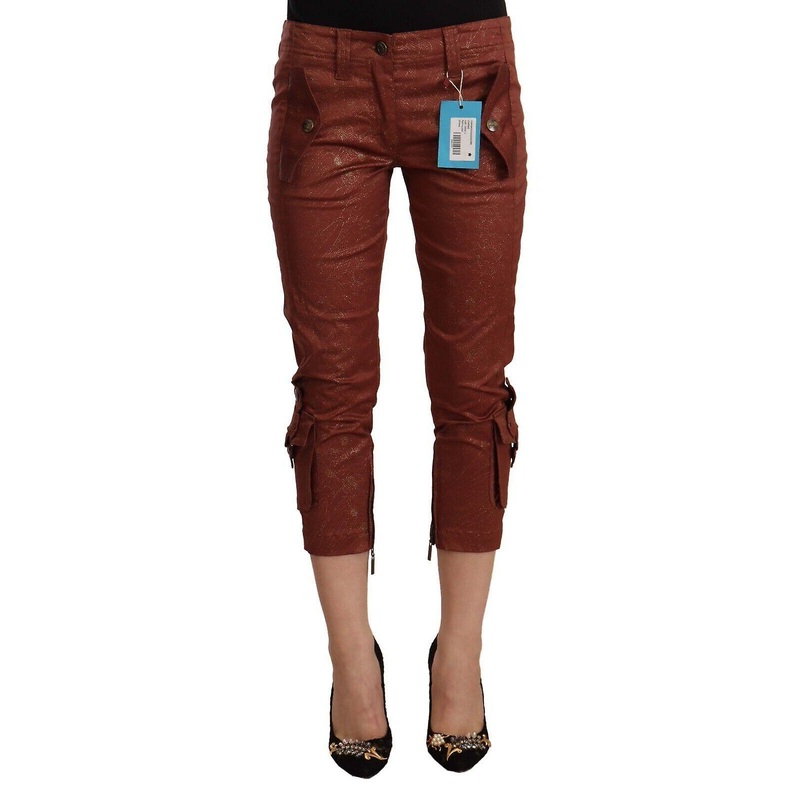 Brown Lurex Mid Waist Cotton Cropped Capri Pants