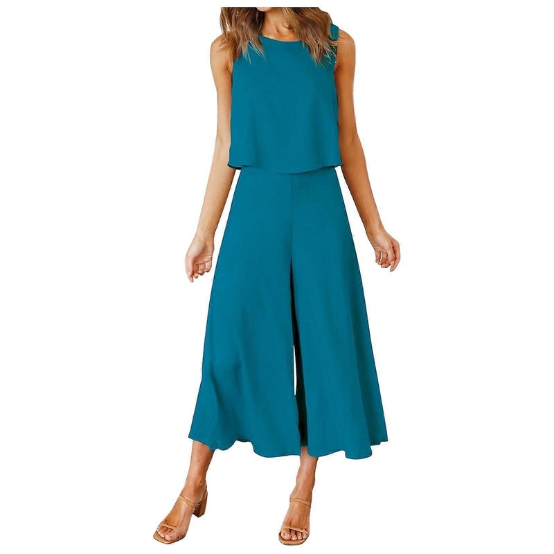 Women’s Linen TwoPiece Outfit Sleeveless  Wide Leg Pants Sky Blue