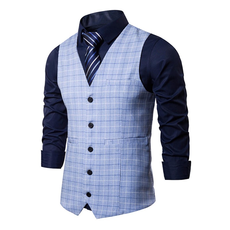 Cloudstyle Men’s Business Dress Solid V Neck Plaid Single Breasted Slim Vest
