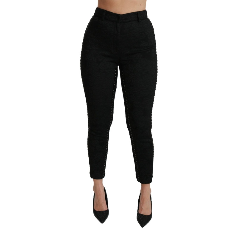 Black Brocade Skinny High Waist Pants