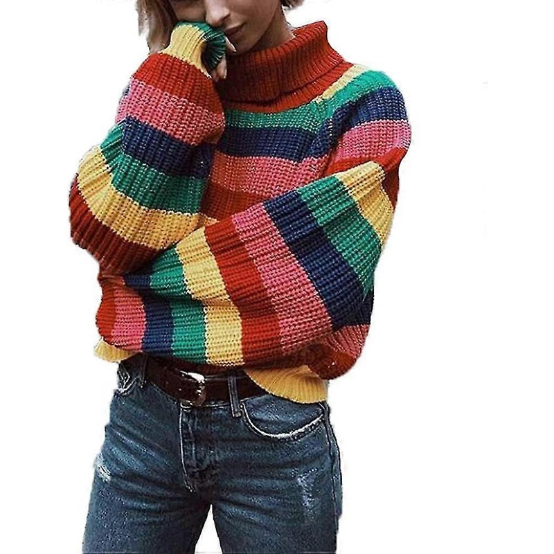 Womens Long Sleeve Striped Rainbow Striped Top Turtleneck Knitted Sweater Jumper Shirt
