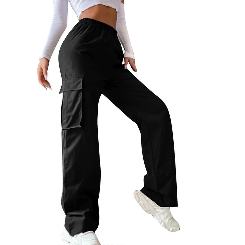 Cargohose Women Cargo Pants Solid Black, High-Waist, Stretch, Slim Fit Bootcut, Pockets, Casual Streetwear, Size M