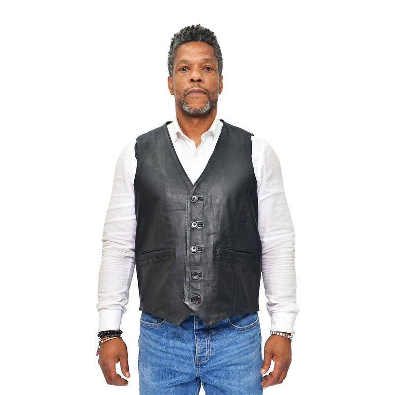 Mens Black Leather Waistcoat Formal Traditional Gilet Vest