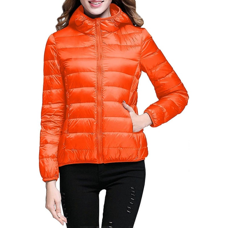Women’s Quilted Jacket Orange Size L Packable Transition Jacket Hooded Down Coat With Pockets Lightweight Puffer