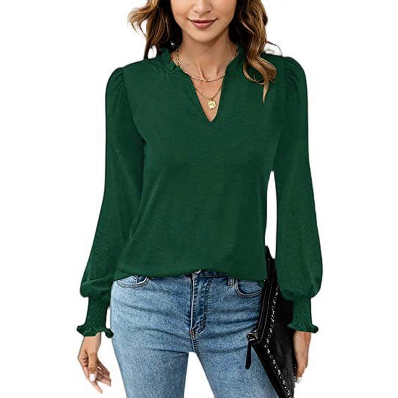 Women’s VNeck Pleated Puff Sleeve Casual LongSleeved TShirt Dark Green Color Size L