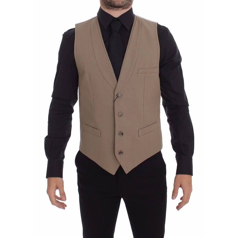 Beige Cotton Slim Fit Button Front Dress Vest