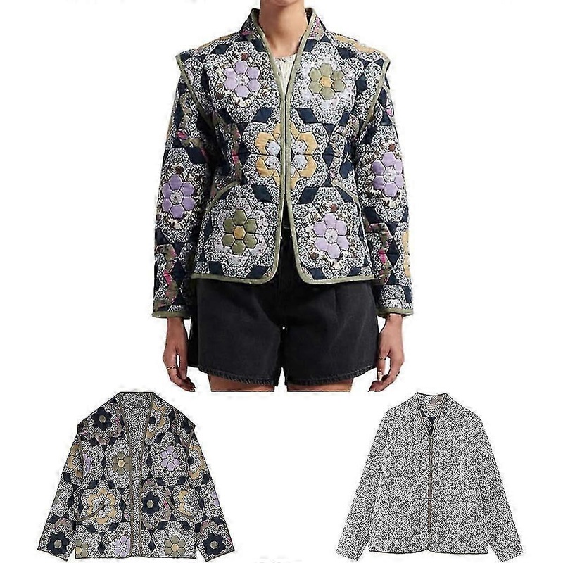 Women’s Cropped Puffer Quilted Jacket Vintage Floral Print Open Front Lightweight Short Jacket Outwear 2024