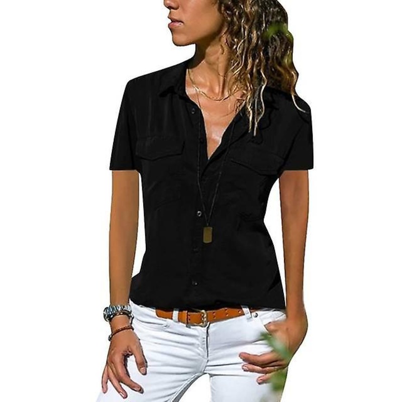 Womens Button Down Collared Stitching Short Sleeve Pockets Shirt Summer V Neck Fashion T-shirt Top Blouse For Women 2023 S-2xl